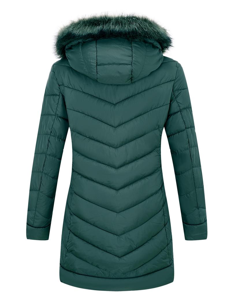 Women's Winter Elegant Simple Hooded Cotton Jacket, Mid-Length Fur Collar Zipper Pocket Coat, Commuter Casual Long Sleeve Outerwear