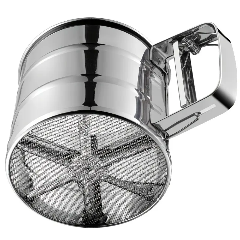 Stainless Steel Flour Sifter | Double Layer Fine Mesh, One Hand Press Crank, Powdered Sugar Shaker Duster for Baking Cakes - Holiday, Flour Sieve