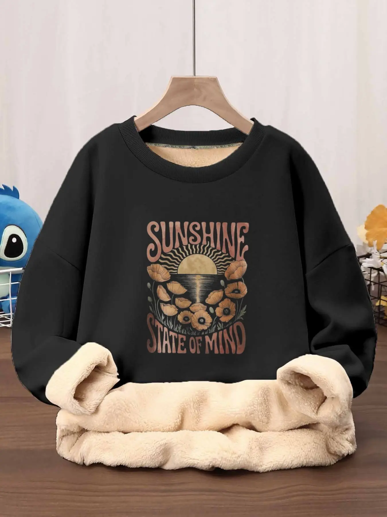 Vintage Floral Sunset Print Fleece Sweatshirt, Thickened Round Neck Long Sleeve, Casual Loose Fit for All Seasons, Daily Wear