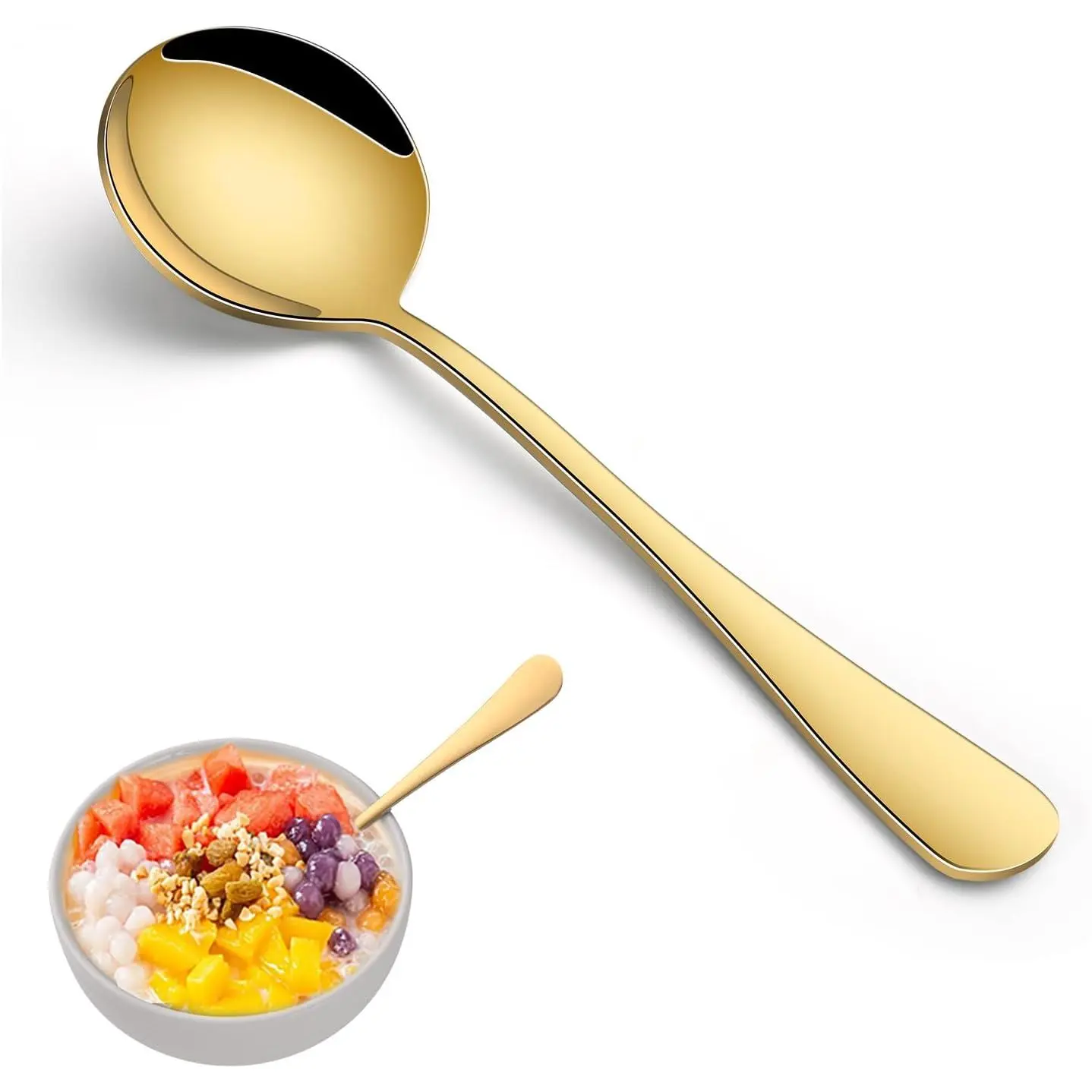 Round Soup Spoons Set of 8, 7.4 Inch Classic Metal Kitchen Silverware Spoons, Mirror Polished Stainless Steel Spoons for Cereal, Dessert