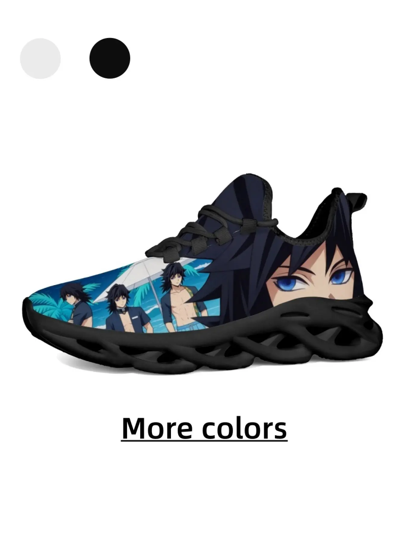 1 Pair Lace-up Men's Wave Sole Running Sneakers Demon Slayer Tomioka Giyuu Blue Eyes Summer Palm Tree Beach Full Print Anime Street Sport Style For Men Daily Walking Jogging Training Wear-resistant Sole Convenient Lace-up Breathable Mesh Upper