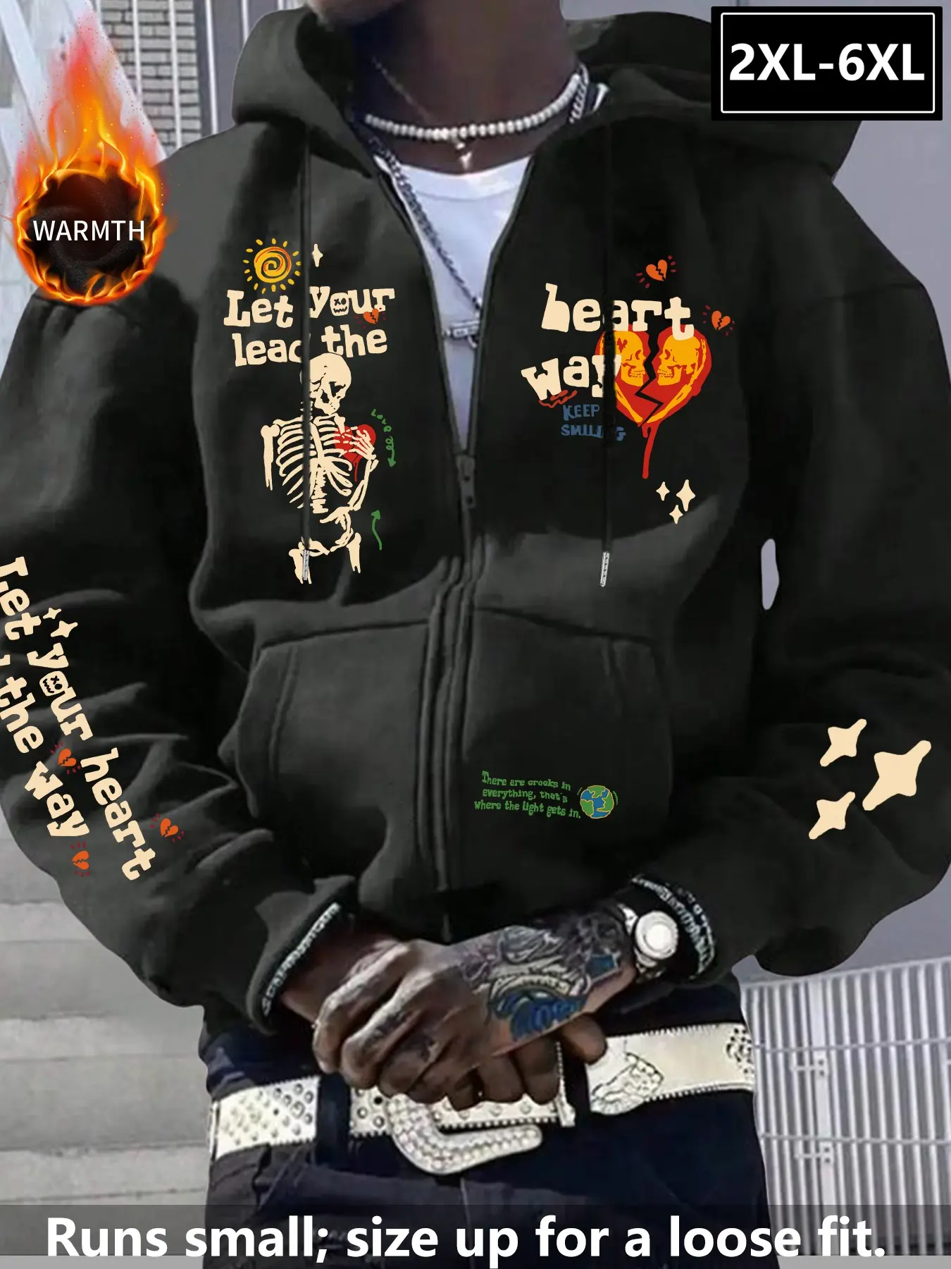 Plus Size Men's Black Oversized Fleece Lined Full Zip Hoodie 2XL-6XL, Y2K Gothic Skeleton Broken Heart Letter Print Zip Up Jacket, Soft Warm Streetwear Hooded Outerwear Perfect for Autumn Winter Urban Street Style