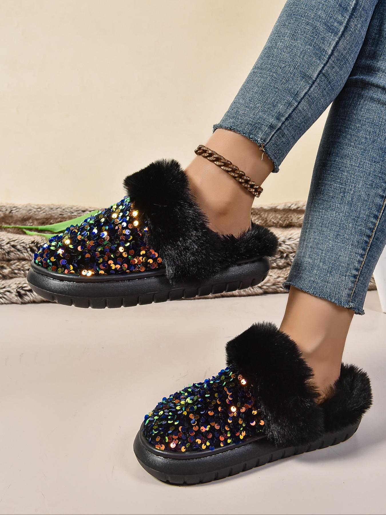 Women's Baroque Sequin Decor Plush Slippers, Casual Soft Comfortable Home Slippers, Warm Slippers for Indoor & Outdoor Use for Fall & Winter, Non Slip Slippers