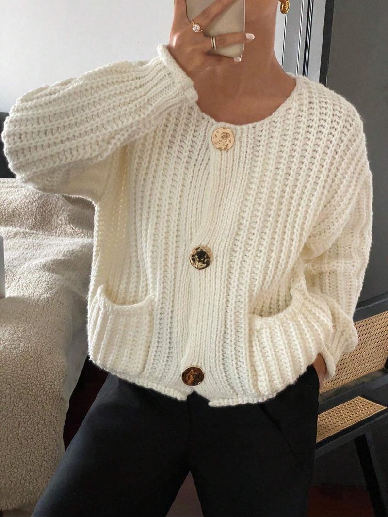 Women's Solid Color Cardigan, Casual Long Sleeve Button Front Knitwear for Fall & Winter, Fashion Women's Knit Clothing for Daily Wear, Tops, Basic Clothe