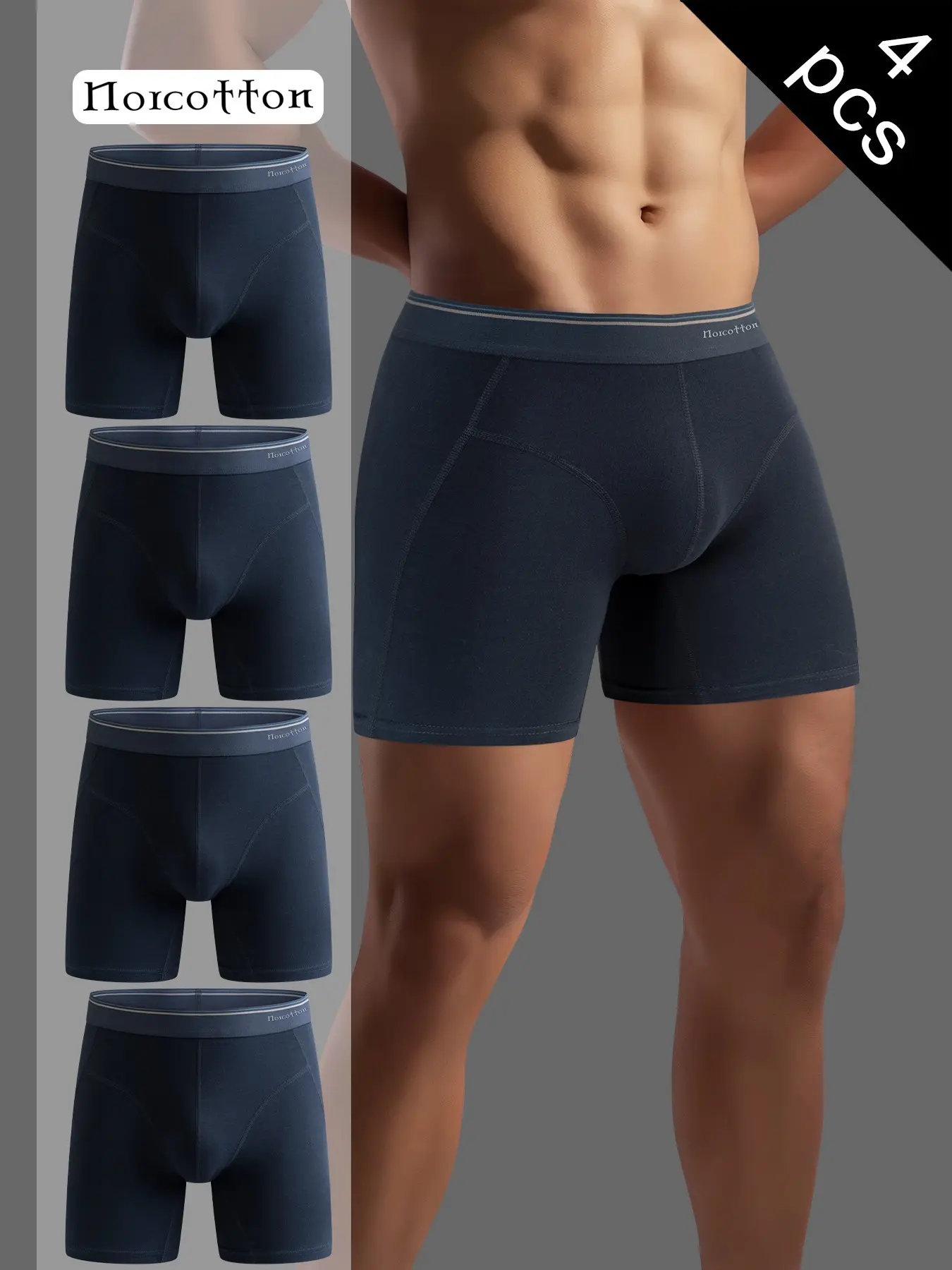 Norcotton 4-Pack Men's Long Boxer Briefs, Cotton Soft Solid Color, Contrast Stitch Elastic Waistband, Casual Daily Wear