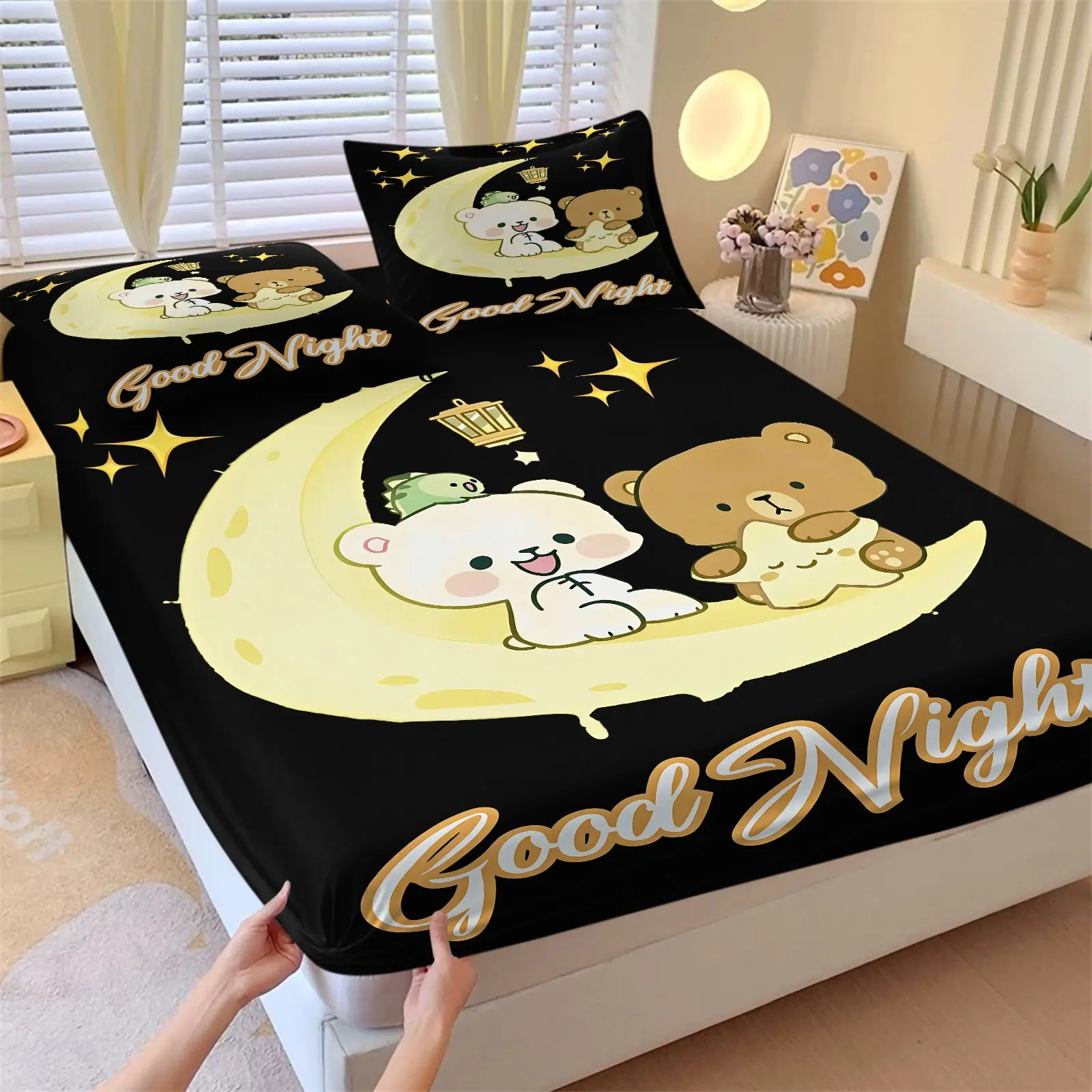 3PCS Good Night Cartoon Bear Print Fitted Sheet Set (1 Fitted Sheet + 2 Pillowcases, No Pillows Included),Soft Breathable Skin-Friendly Fabric,All Season Easy Care Fabric,HD Digital Printing,Great Decor & Cartoon Style Gift