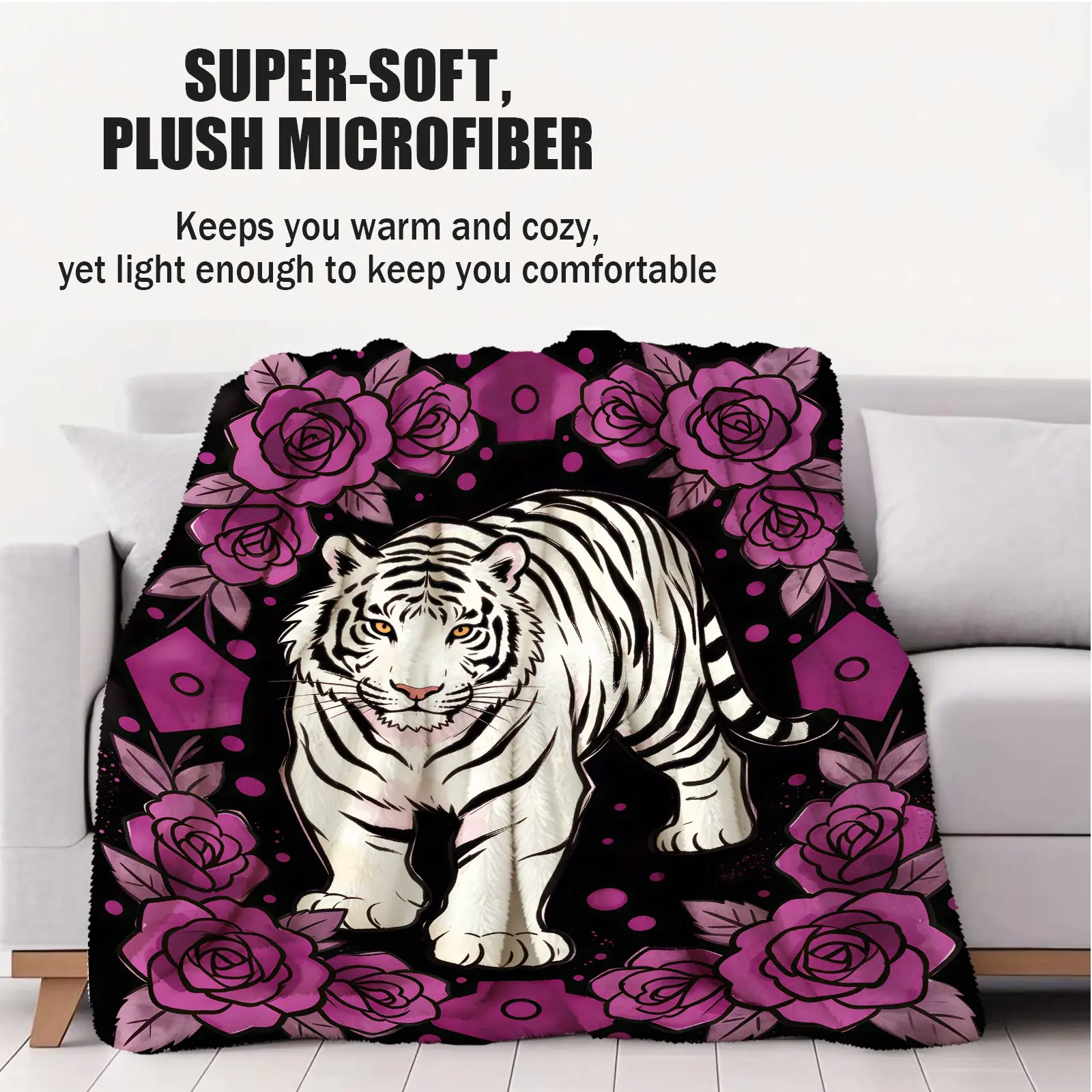 Hand Drawn White Bengal Tiger Flannel Blanket, Soft Lightweight Microfiber, Machine Washable, Multi-use for Car Home Office Naps, Housewarming Birthday Xmas Gift