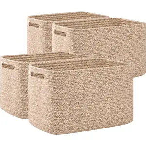 4 Pack Storage Baskets for Organizing, Cube Storage Bins for Shelves, Rectangle Storage Baskets With Handles, Woven Baskets for Storage, 12.7''Lx9''Wx7.8''H, Mixed Brown