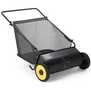 Adjustable Height Push Lawn Sweeper, 26in Heavy Duty Steel Yard Sweeper W/ 4 Spinning Brushes & 7Cu.Ft Bin, Rubber Wheel Leaf Grass Debris Collector for Outdoor Lawn Care
