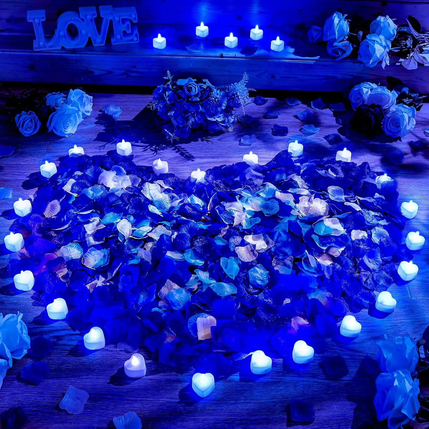 1000 count Artificial Rose Petals with LED Candles, White with Blue | Flameless Safe Design, Silk Petals, For Proposal Wedding Anniversary, Romantic Bedroom Table Centerpiece Decoration