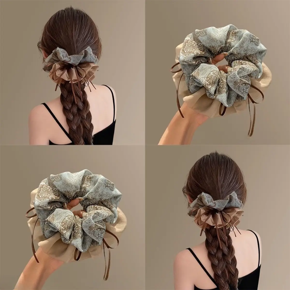 2026 New Vintage Floral Ribbon Scrunchies for Women, Elegant High-End Design, Large Size Hair Ties with Long Streamer, Soft Stretchy Hair Bands Perfect for Ponytails & Buns, Stylish Daily Hair Accessories