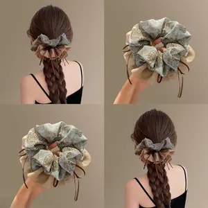 2026 New Vintage Floral Ribbon Scrunchies for Women, Elegant High-End Design, Large Size Hair Ties with Long Streamer, Soft Stretchy Hair Bands Perfect for Ponytails & Buns, Stylish Daily Hair Accessories