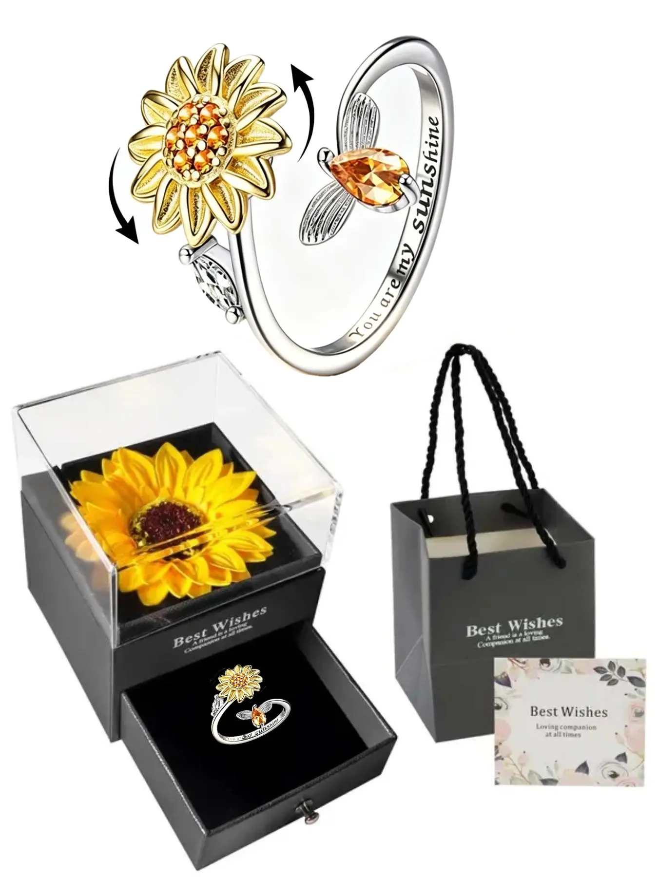 Rotatable Sunflower Ring Gift Set, Anxiety Relief Ring, High-Quality Jewelry, Christmas Graduation Gift, Fashionable Accessory, Anxiety Fidget Ring