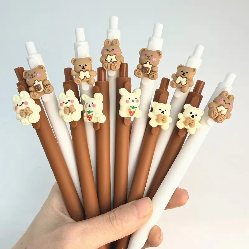 15/20/30pcs Vintage Milk Coffee Bear Decorative Gel Pens, Cute Strawberry Bunny 3D Gel Pens, Smooth Writing Diary Pens, Classroom Party Gifts