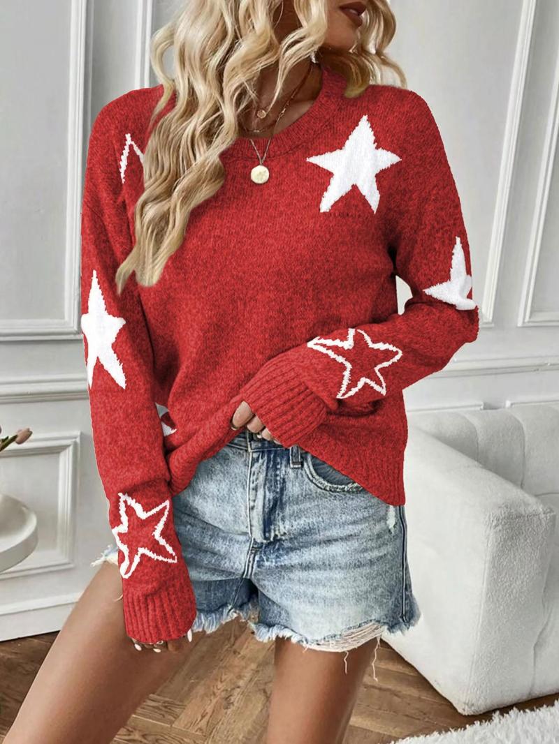 Women's Star Print Drop Shoulder Sweater, Casual Long Sleeve Round Neck Jumper for Fall & Winter, Fashion Ladies' Knitwear for Daily Wear, Tops