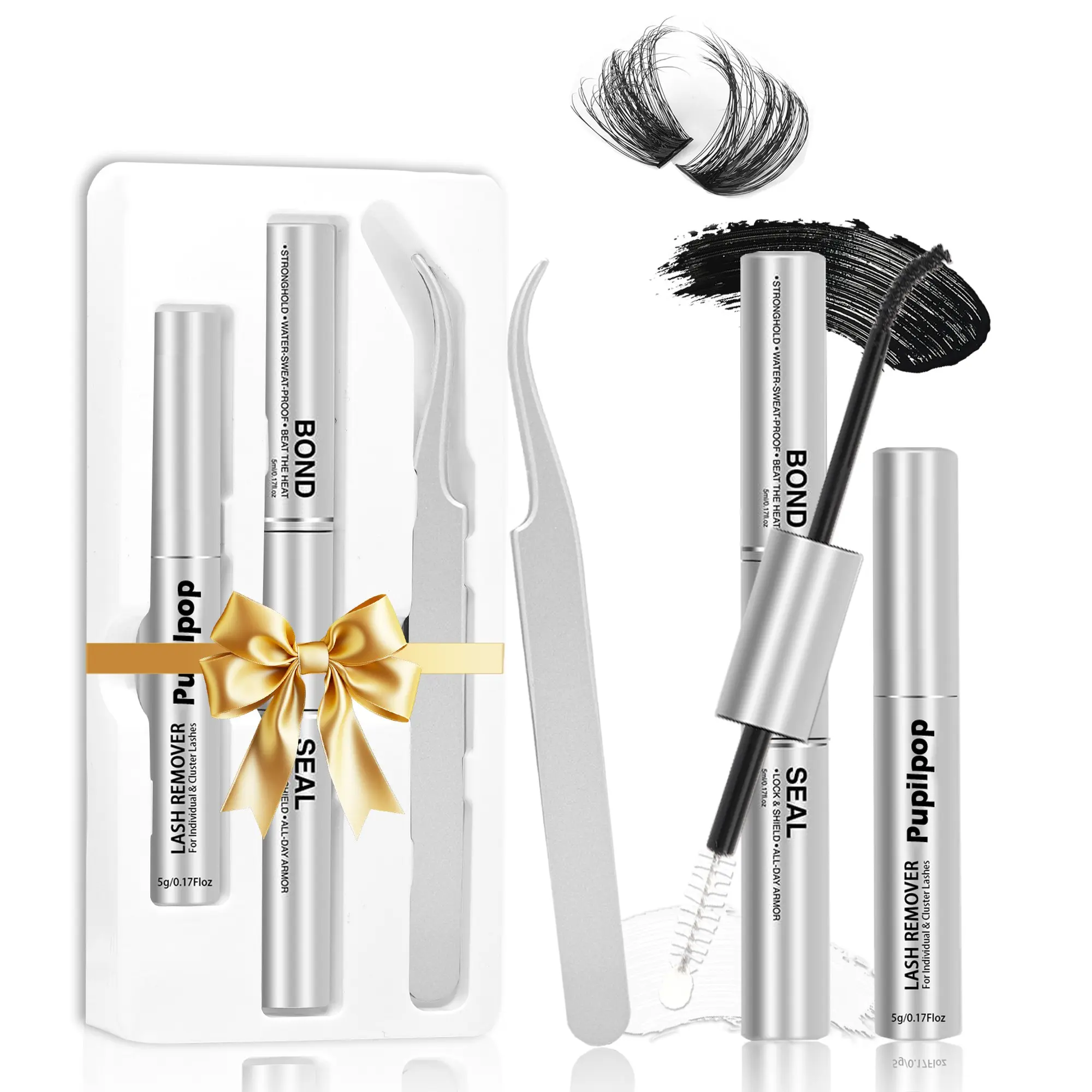 Pupilpop Lash Cluster Glue Kit 4 in 1 Bond and Seal & Remover & Tweezers | Waterproof, Strong Hold, Lasting 72H, Easy to Use, for Lash Clusters,DIY Eyelash Adhesive Kit, 3Pcs