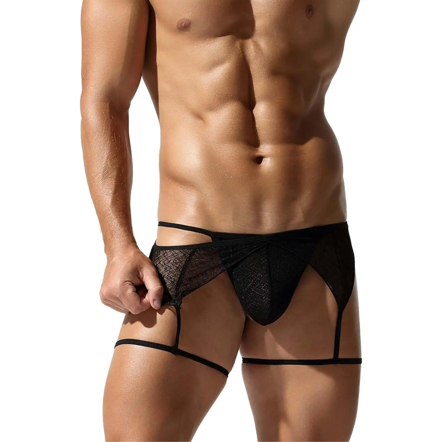 Men's Sissy Clothes Sexy Low Rise Sheer Lace G-string with Garter Straps Outfits Male Femboy Pouch Panties