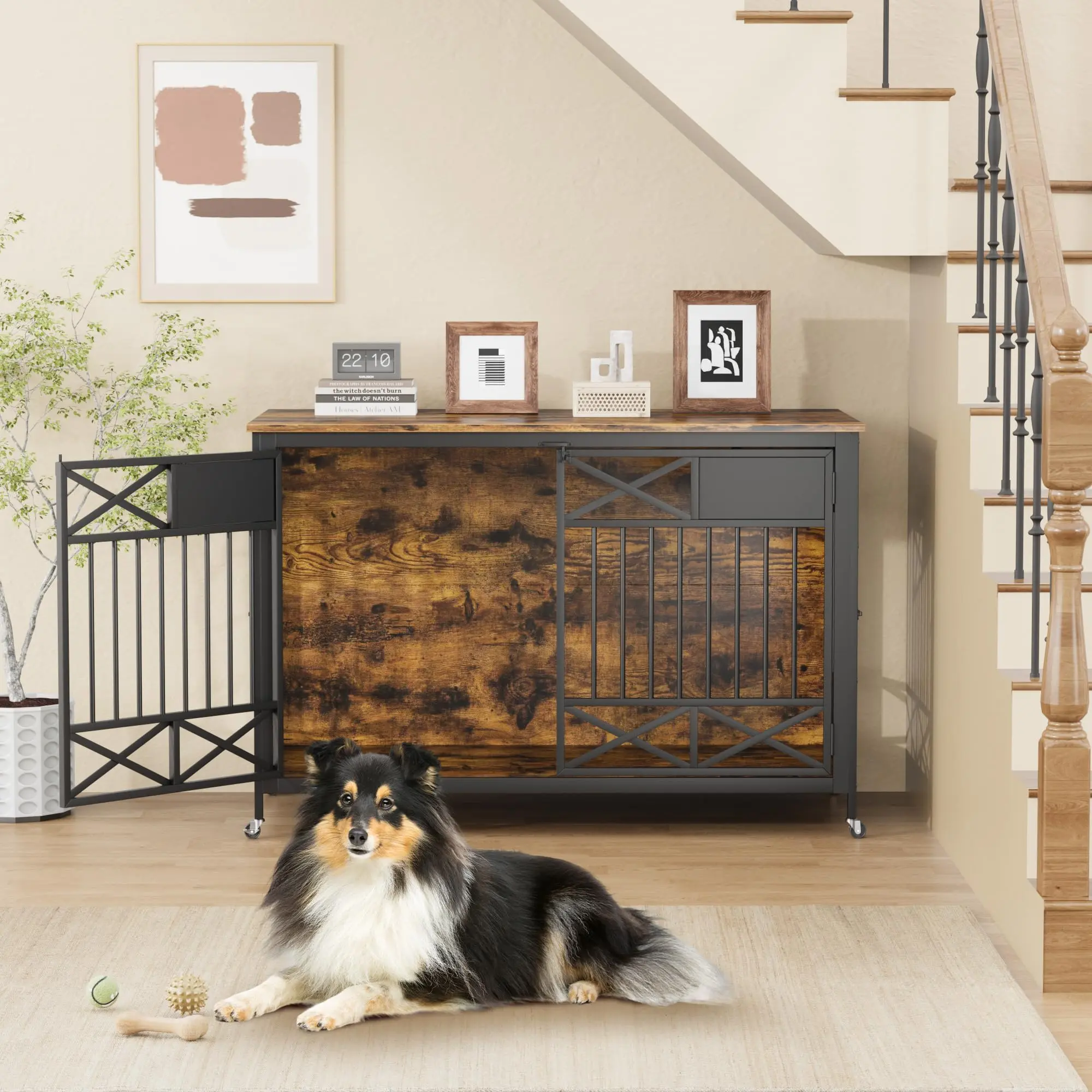 Dog Crate End Table 47" – Double Doors with Sliding Pulley, Name Tag Included – TV Stand/Bedside Table for Medium/Large Dogs – Rustic Brown