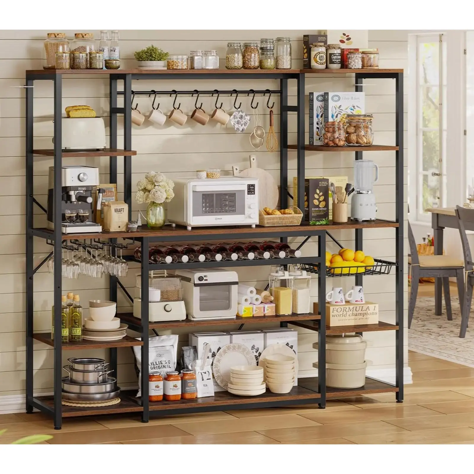 62.4 Inches Engineered Wood Baker's Rack - Stable Dining Kitchen Microwave Stand with Power Outlet, Coffee Bar Cabinet, Wine Rack, Goblet Holder, 8 Hooks, Wire Basket, Adjustable Shelves (12+ in), Anti-Dumping Device, Assembly Required, Durable,floor