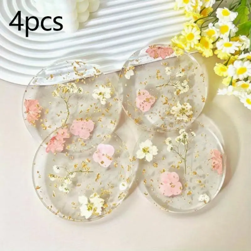 4pcs Transparent Floral Acrylic Tableware Coasters, Waterproof, Non-Slip, Heat Resistant, Home Gift, Kitchen, Office Desk, Wedding Birthday Party Decor, Drink Coasters, Coaster Set