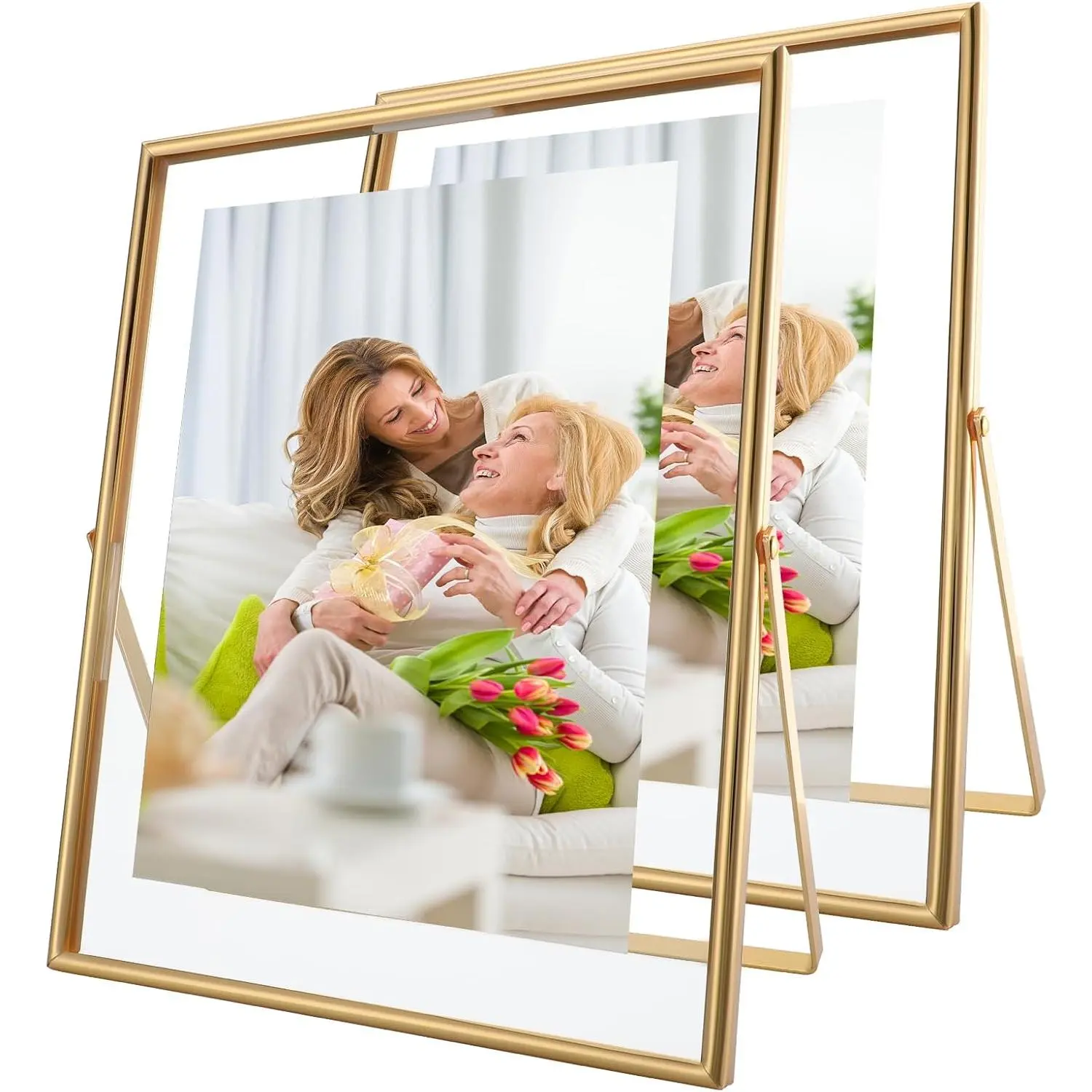 Gold Metal Glass Floating Photo Frames (Set of 2, 8x10 in), Portrait Style for 5x7/6x8/7x9 Pictures, Wall & Tabletop Home Decor, Classy Gift for Father’s Day