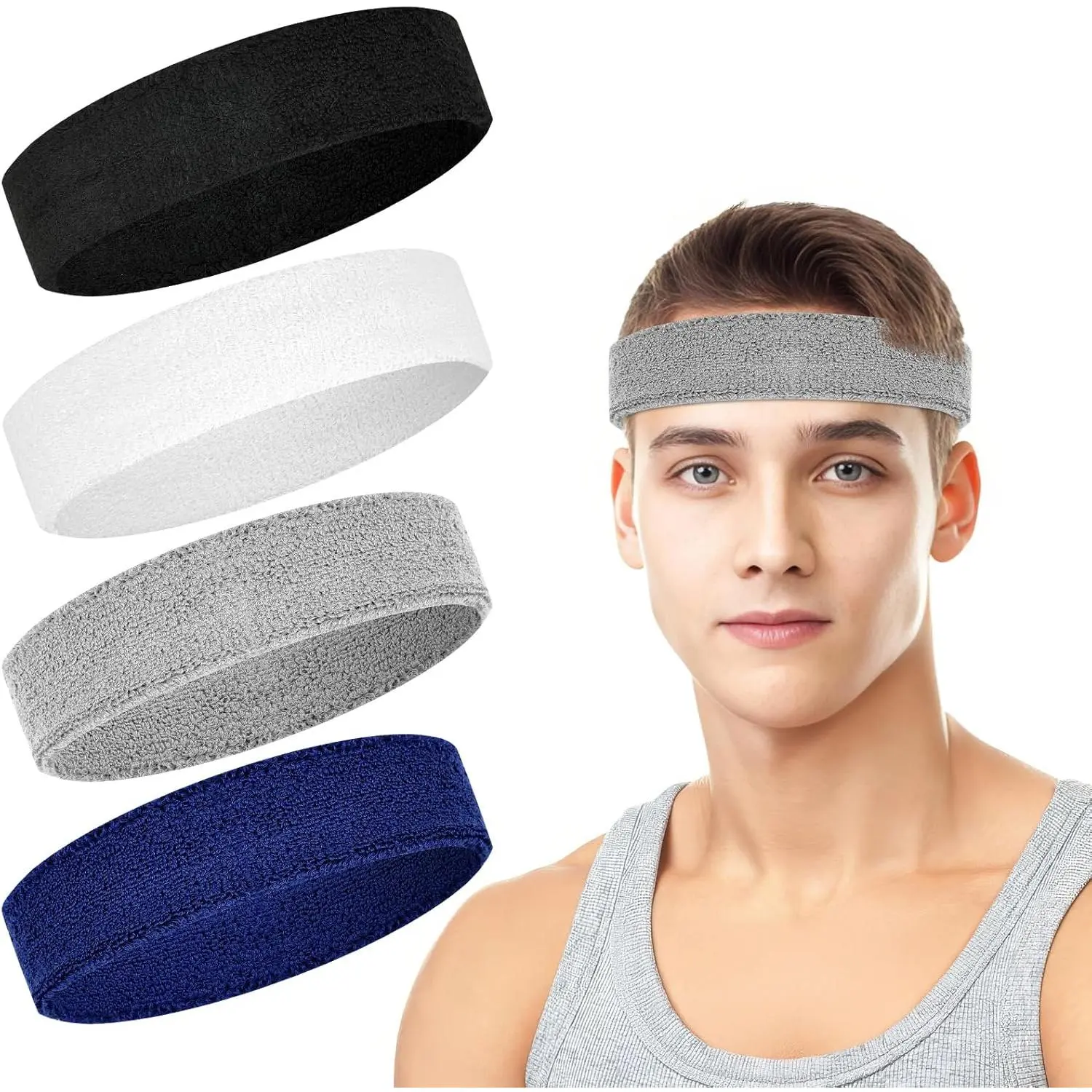 Unisex 4-Pack Sport Headbands, Sweat Absorbing Cotton Terry Headbands, Stretchy Breathable Gym Training Apparel for Men & Women, One Size, Sweat Absorbing Headband