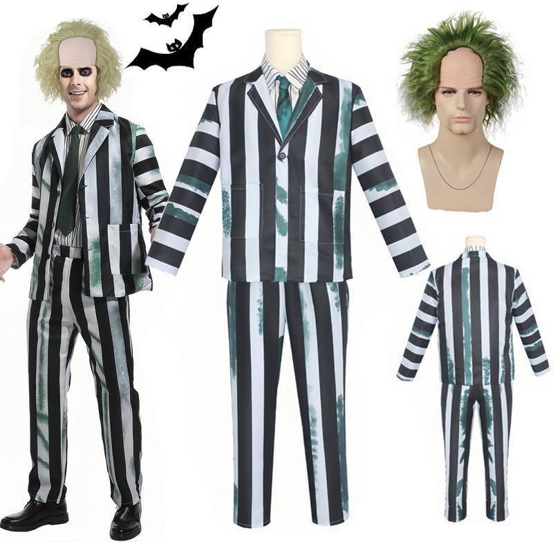 Adult Men Costume Black and White Striped Suit with Wig for Halloween Cosplay Party Outfit Horror Movie Character