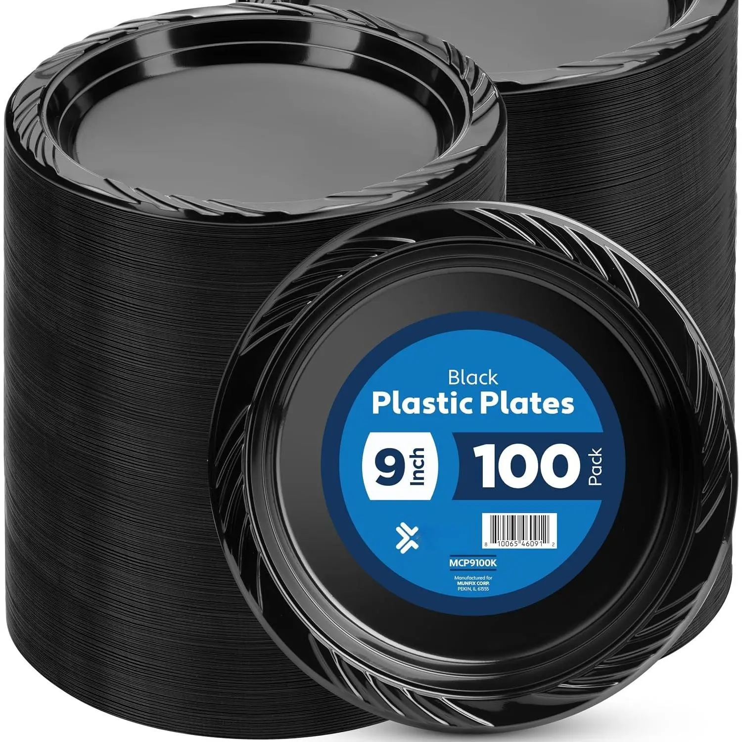 100 Pack Black Plastic Dinner Plates, 9 Inch Disposable Plates Bulk Pack, Party Plates for BBQ, Picnic, Parties, Travel and Events, Microwavable Recyclable