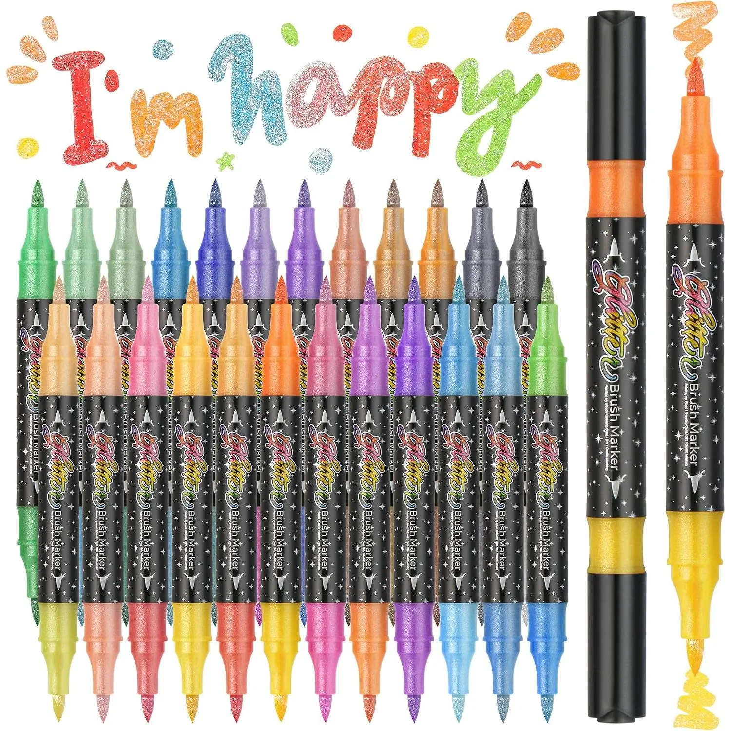 48 Colors Duo Glitter Effect Brush Markers, 24 Pack Water-based Ink Glitter Pens, Metallic Sparkle Markers for Doodle Writing, Glitter Art Crafts Gifts Trendy Stuff Art Supplies Crafts Gifts