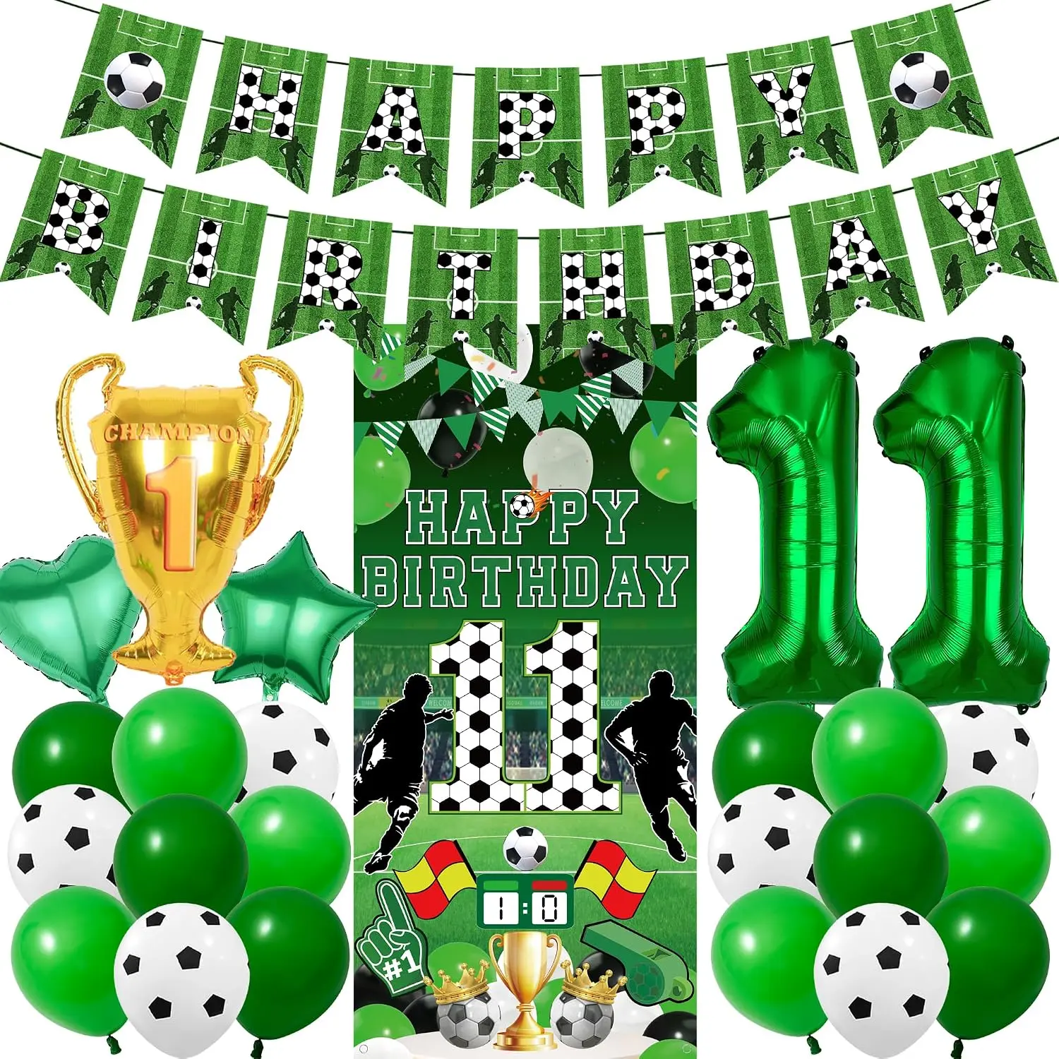 11th Birthday Soccer Party Decorations - 26 count Green Football Theme Banners Backdrop Trophy Number 11  Heart Foil Balloons for Boys 11  Soccer  Lover Happy Birthday Decor Supplies