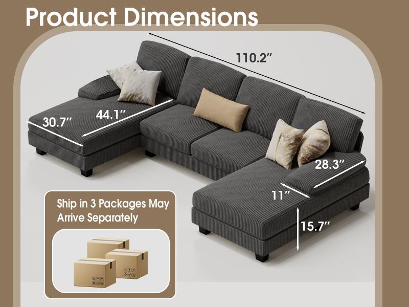 U-Shaped Sectional Sofa with Double Chaise, 4-Seat Couch with Corduroy Upholstery for Living Room or Apartment – Dark Grey