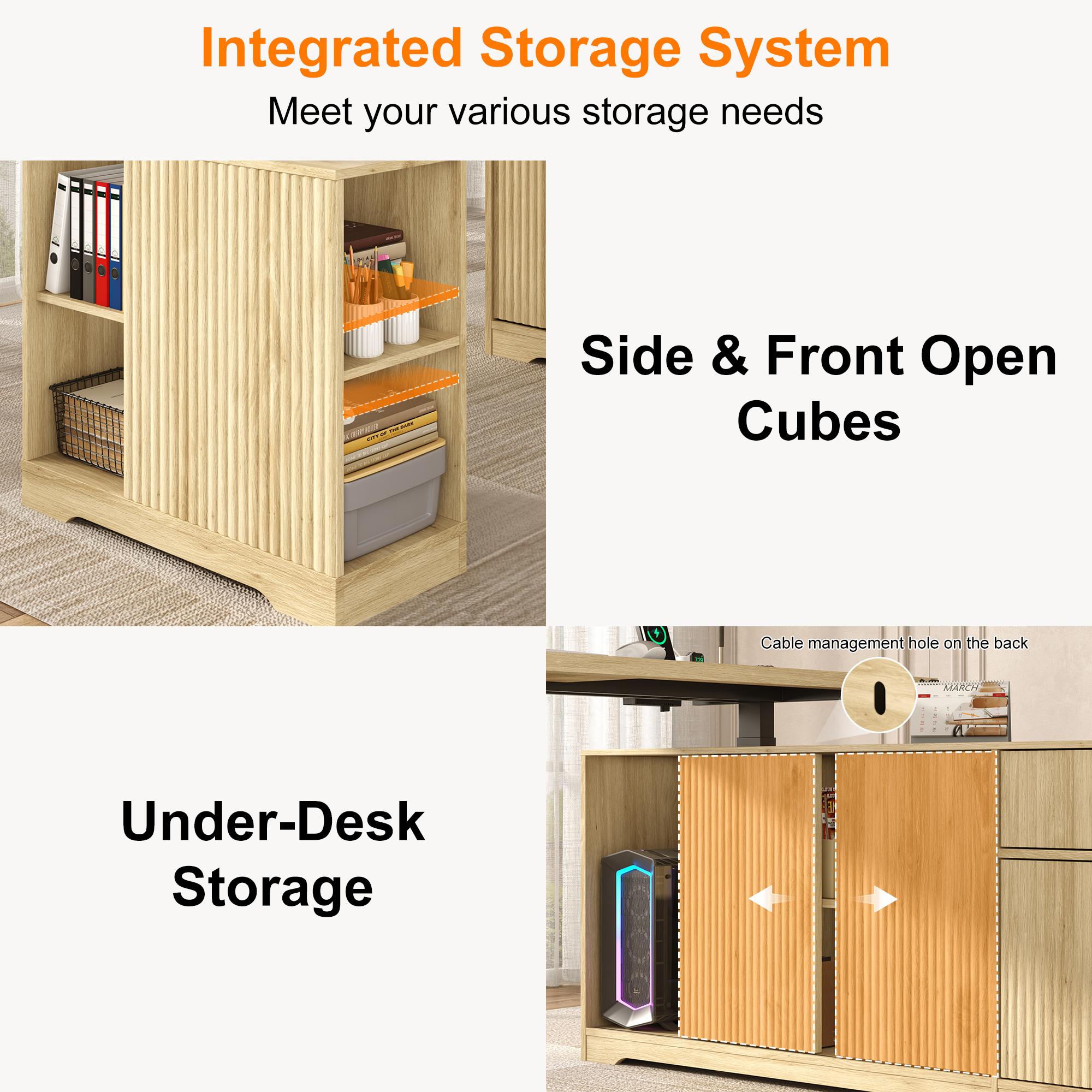 63" L-Shaped Electric Standing Desk, Executive Standing Desk with File Cabinet, Height Adjustable Sit Stand Desk with Storage Shelves & Drawers, Corner Computer Desk with Power Outlet, Brown/Light Oak