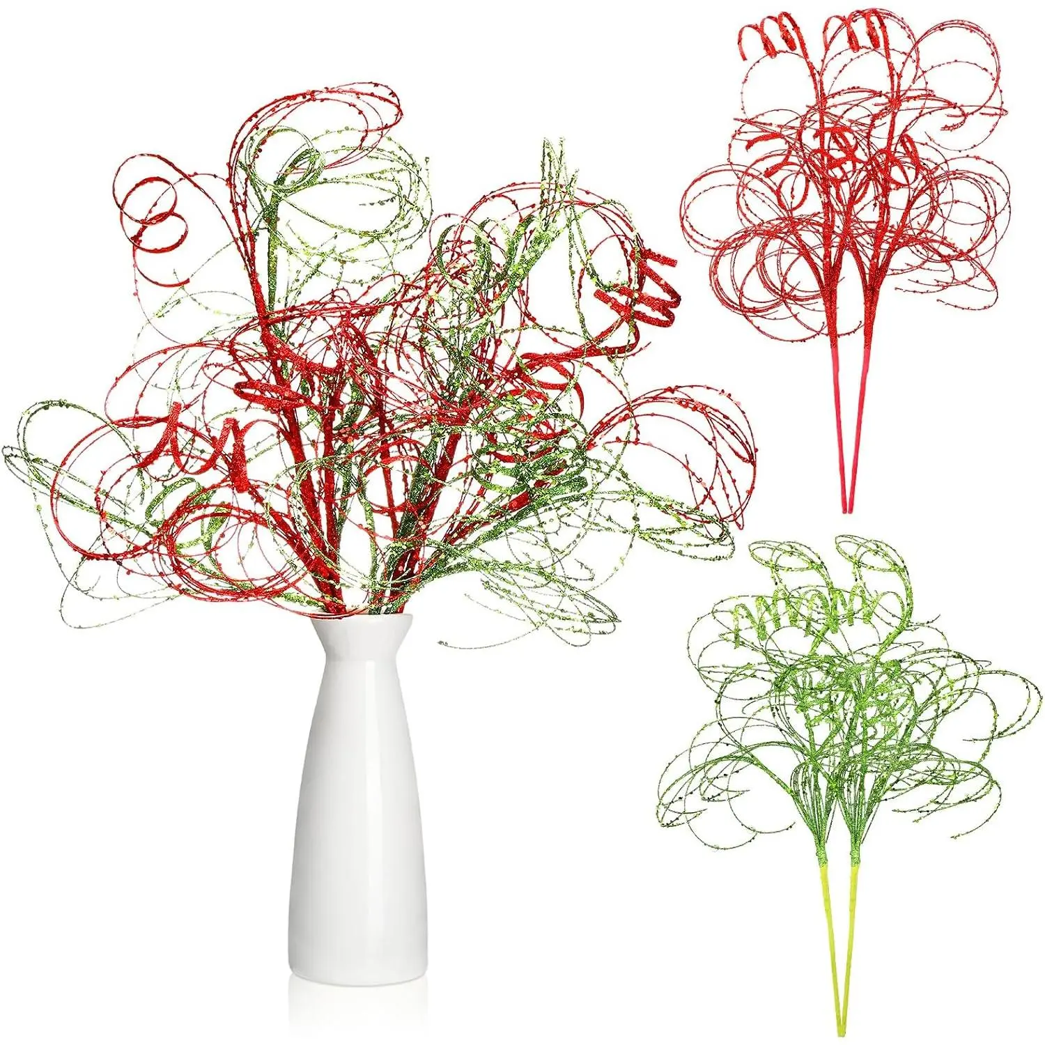 4-Count Glittered Red and Green Ting Curly Branch Stem Ornaments, 20-Inch Lightweight Plastic Decorative Sticks for Christmas Tree, Party Decoration, Craft Projects, Steel, Modern