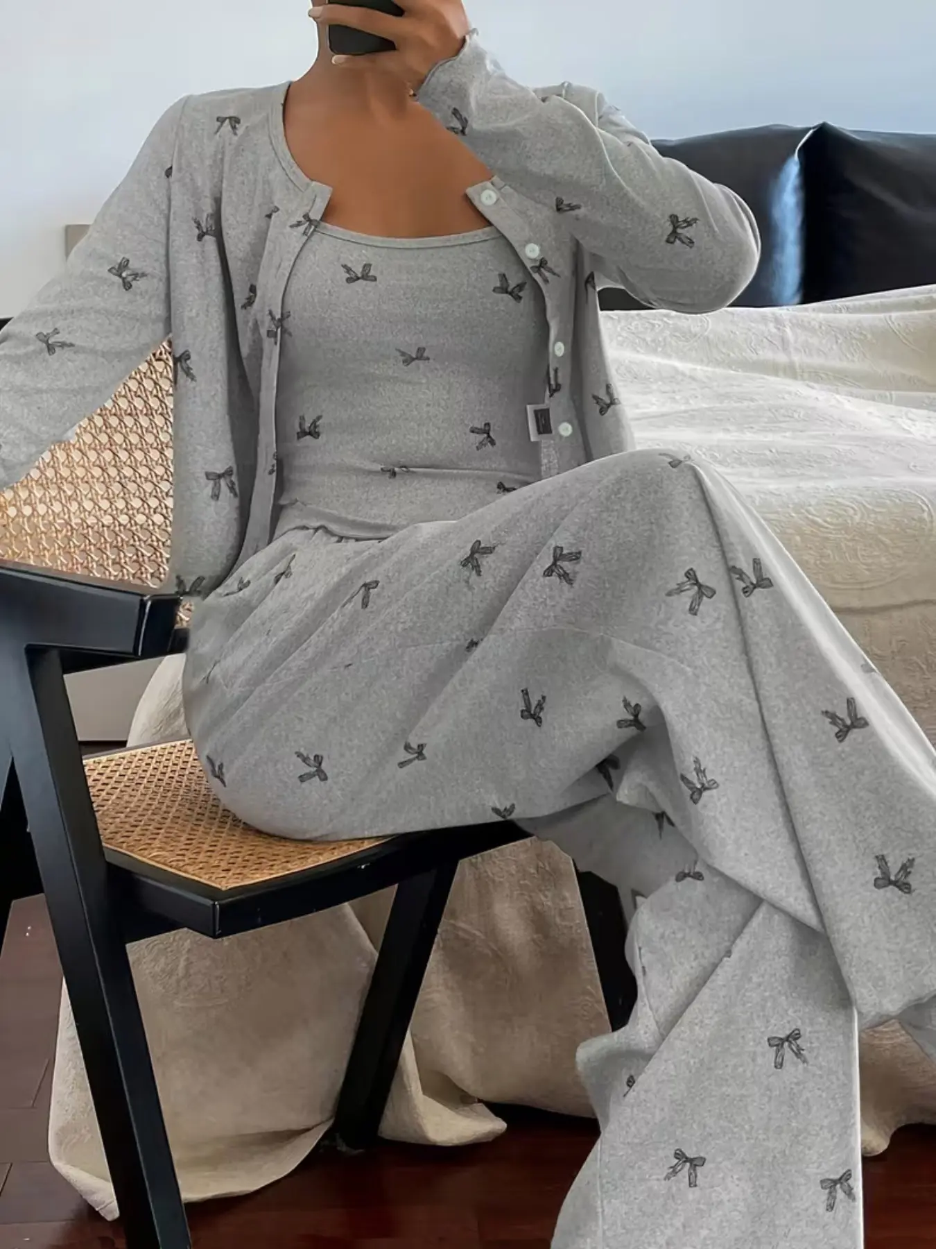 Spring Summer Bow Print Three-Piece Pajama Set, Women's Long Sleeve Cardigan, Tank Top and Pants Loungewear