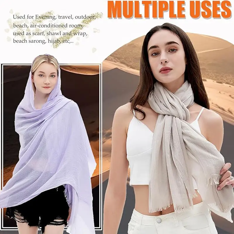 Solid Crinkle Scarf Head Wrap With Fringe Detail, Casual Soft Comfortable Shawl, Thin All-Season Wear Versatile Fashion Scarf For Daily And Beach Matching