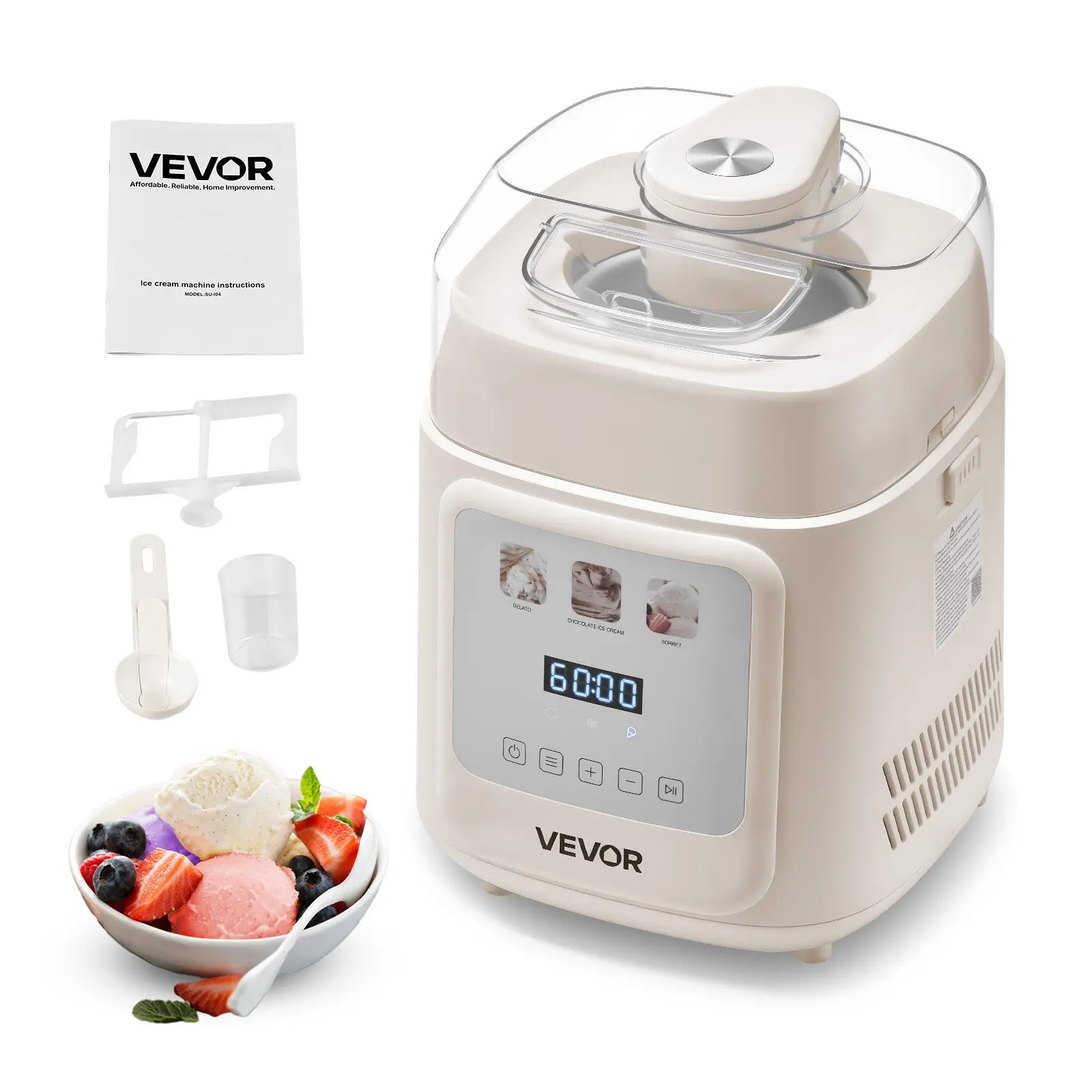 VEVOR Upright Automatic Ice Cream Maker with Built-in Compressor, 1 Quart No Pre-freezing Gelato Maker & Frozen Yogurt Machine, 4 Modes Electric Sorbet-Maker, Compressor Ice Cream Machine for Home