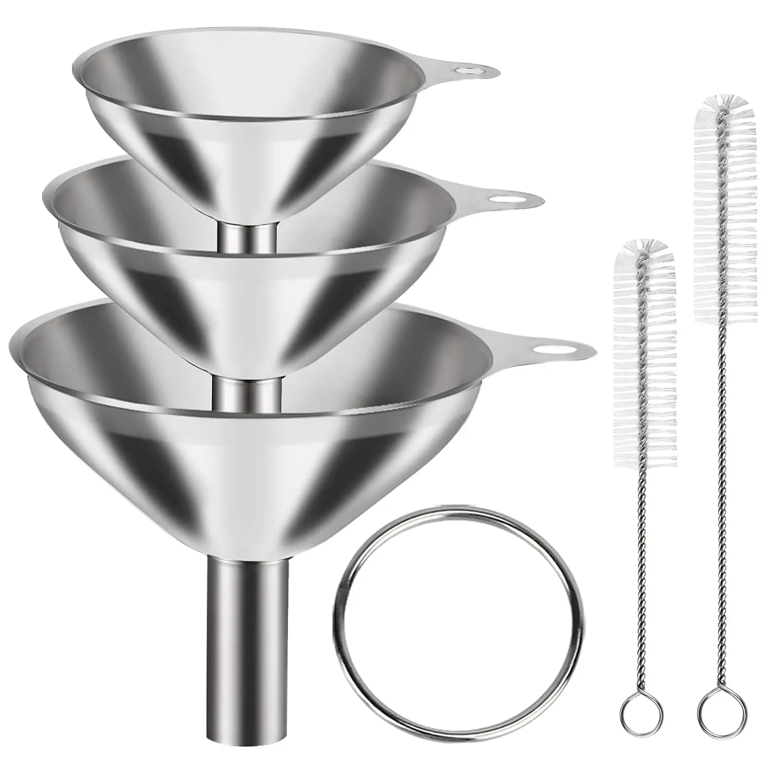 6 count Stainless Steel Mini Funnels for Kitchen use. Large  Small Funnel Set of 3, Metal Cooking   Grade Flask Funnels for Filling Bottles  Water , 2 count Cleaning Brushes