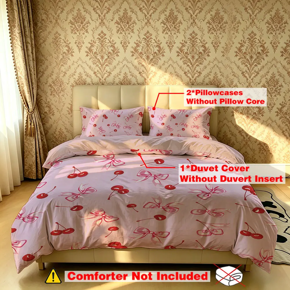 The 3-piece cherry bow pattern theme bedding set includes one bedspread and two pillowcases, without fillings. It's soft and comfortable, suitable for single beds and double beds, and ideal for use in bedrooms, dormitories, and hotels.
