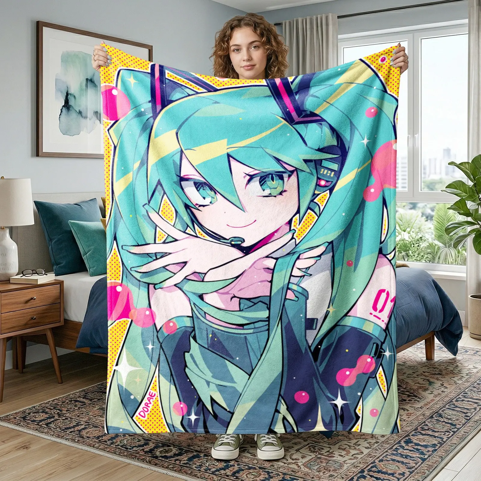 1pc Yellow Polka Dot Trendy Hatsune Miku Cyber Hand-drawn Fleece Blanket, full print Miku twin tail anime character, polka dot background, pink bubbles, star sparkles, Y2K American retro comic contrasting color style. Soft warm comfortable nap blanket, su