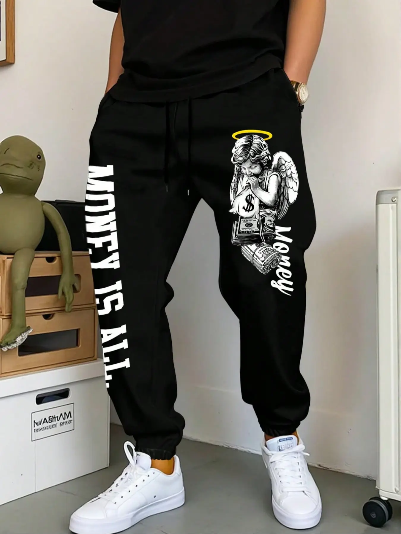 Men's Casual Sporty Long Pants, Angel Money Letter Print Sweatpants, Drawstring Elastic Waist, Four Seasons Wearable