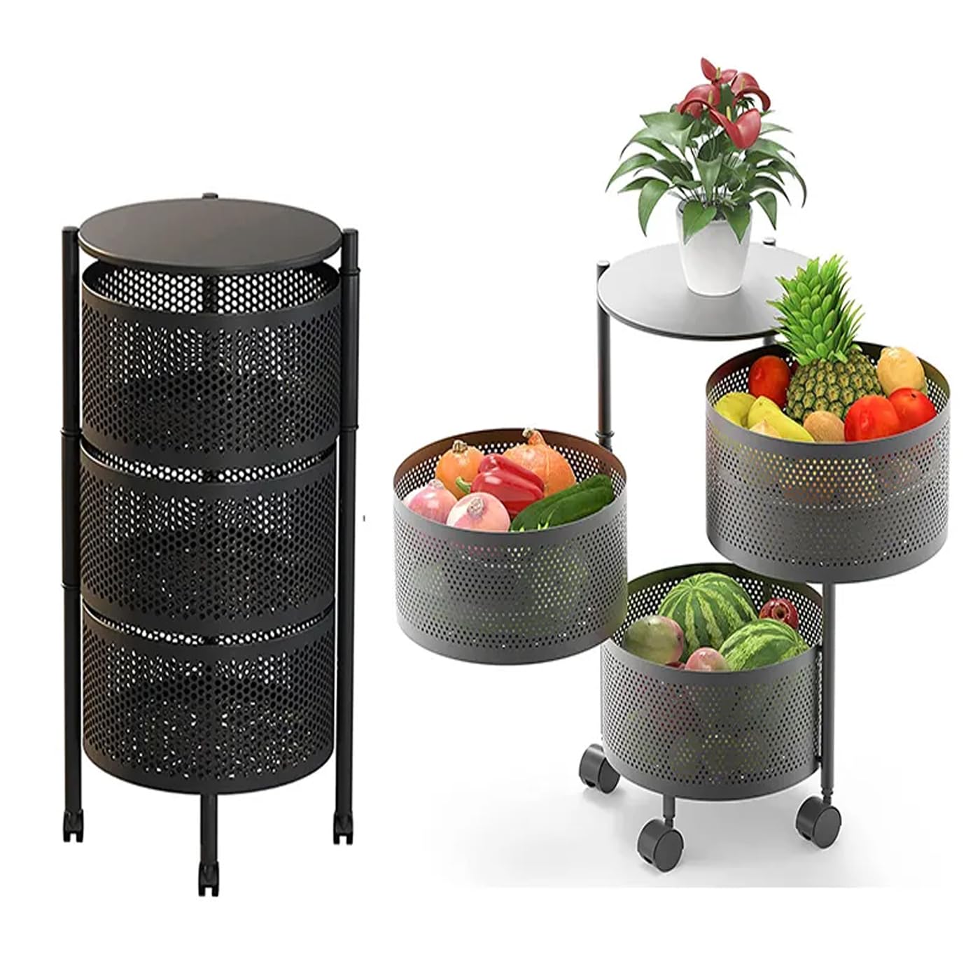 3-layer Round Rotating Storage Rack, Kitchen Storage Rack, Floor Standing Multi-layer Sorting Rack with Wheels, Movable Fruit & Vegetable Snack Rack, Organiser, Adjustable Standing Shelf, Adjustable Metal Rack