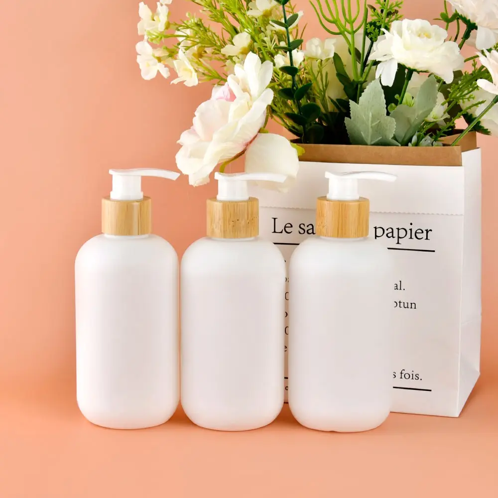3-Pack 300ML Velvet Bamboo Press Pump Dispenser Bottles, Leak-Proof Reusable Empty Containers for Home Bathroom Beauty Salon Hotel