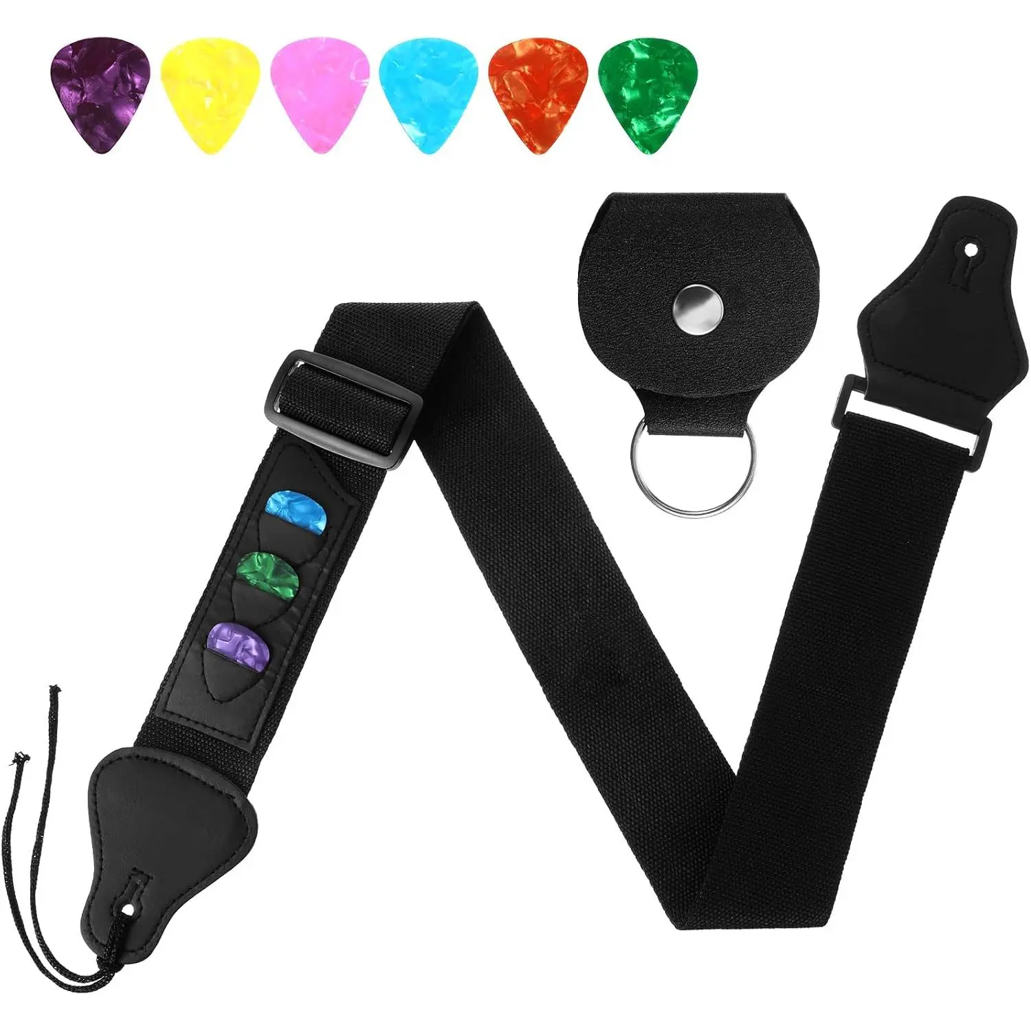 Adjustable Strap for Guitar & Bass,  Guitar Strap with 3 Pick Holders and 6 Picks Stylish Acoustic Electric Guitars Straps Adjustable Guitars Straps Compatible with Bass, And Ukulele