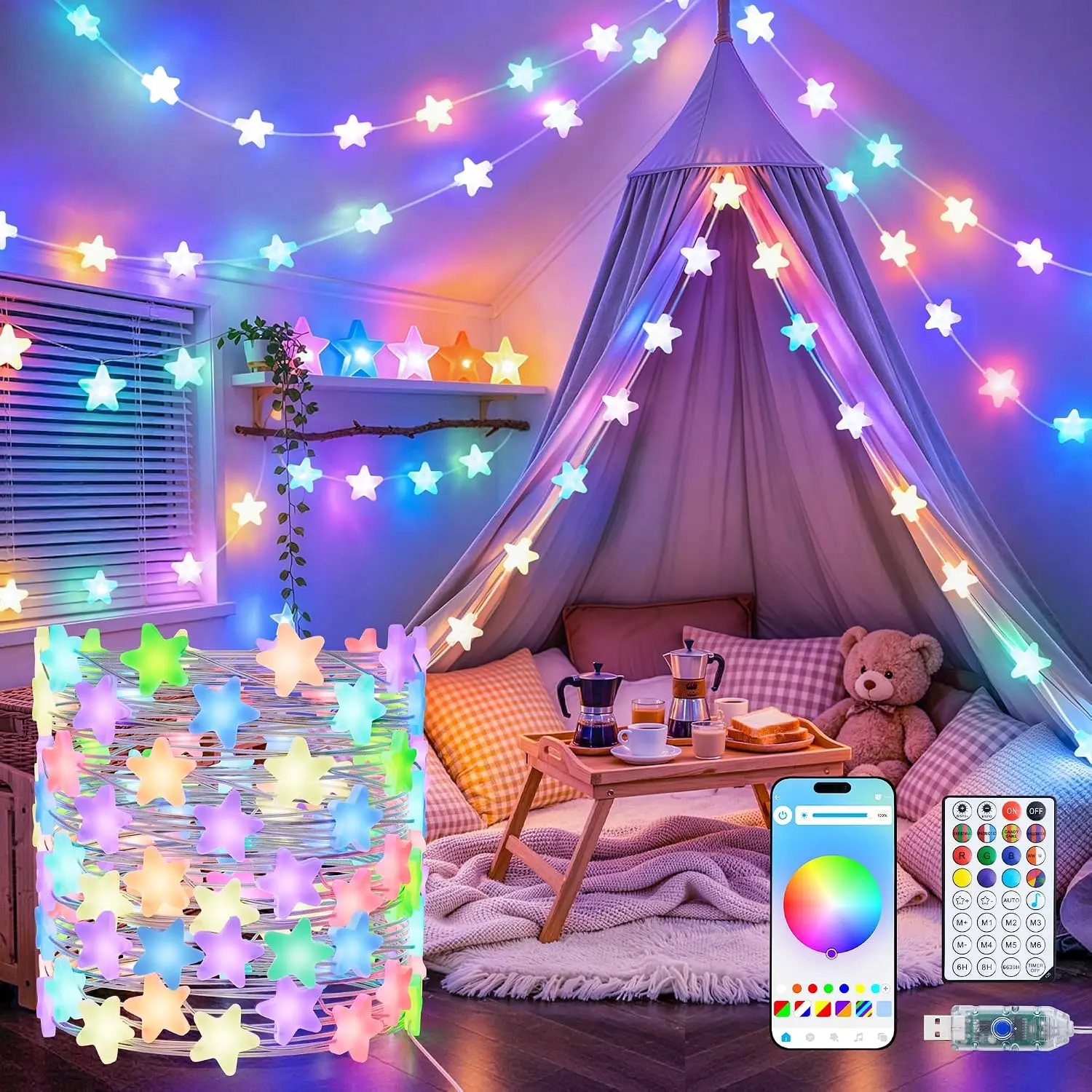 JMEXSUSS 33FT 66 LED Color Changing Smart Star String Lights for Bedroom| App & Remote Control, Music Sync, USB/Plug in,RGB, Twinkle Fairy Lights for Classroom Dorm House Porch DIY Gift Decor