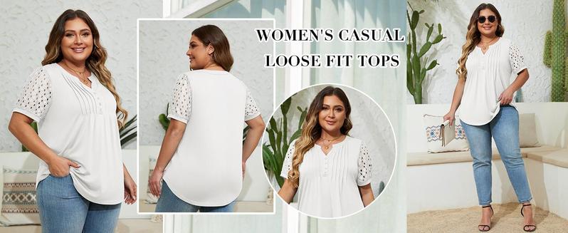 【L-4XL】Plus Size Curve imily bela curve Women's Plus Size Henley T Shirt Summer Lace Sleeve Tees Casual Pleated Flowy Tunic Tops