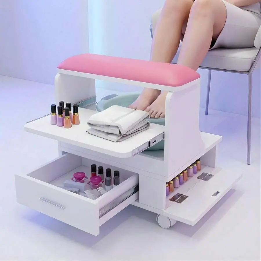 Pedicure Foot Rest Stool With Soft PU Cushion, Pull-Out Tray, Drawer, Side Cabinet & Lockable Wheels, Foot Care Station Salon, Nail Tech, Massage & Home Use (White&Pink)