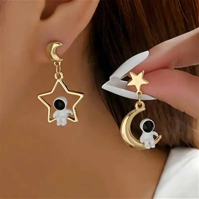 Whimsical Cosmic Dangler Earrings - Vibrant Star, Moon, and Astronaut Charm with Hypoallergenic Stainless Steel Hooks, Perfect for Everyday Wear, Parties, and January Birthstone Gift Ideas