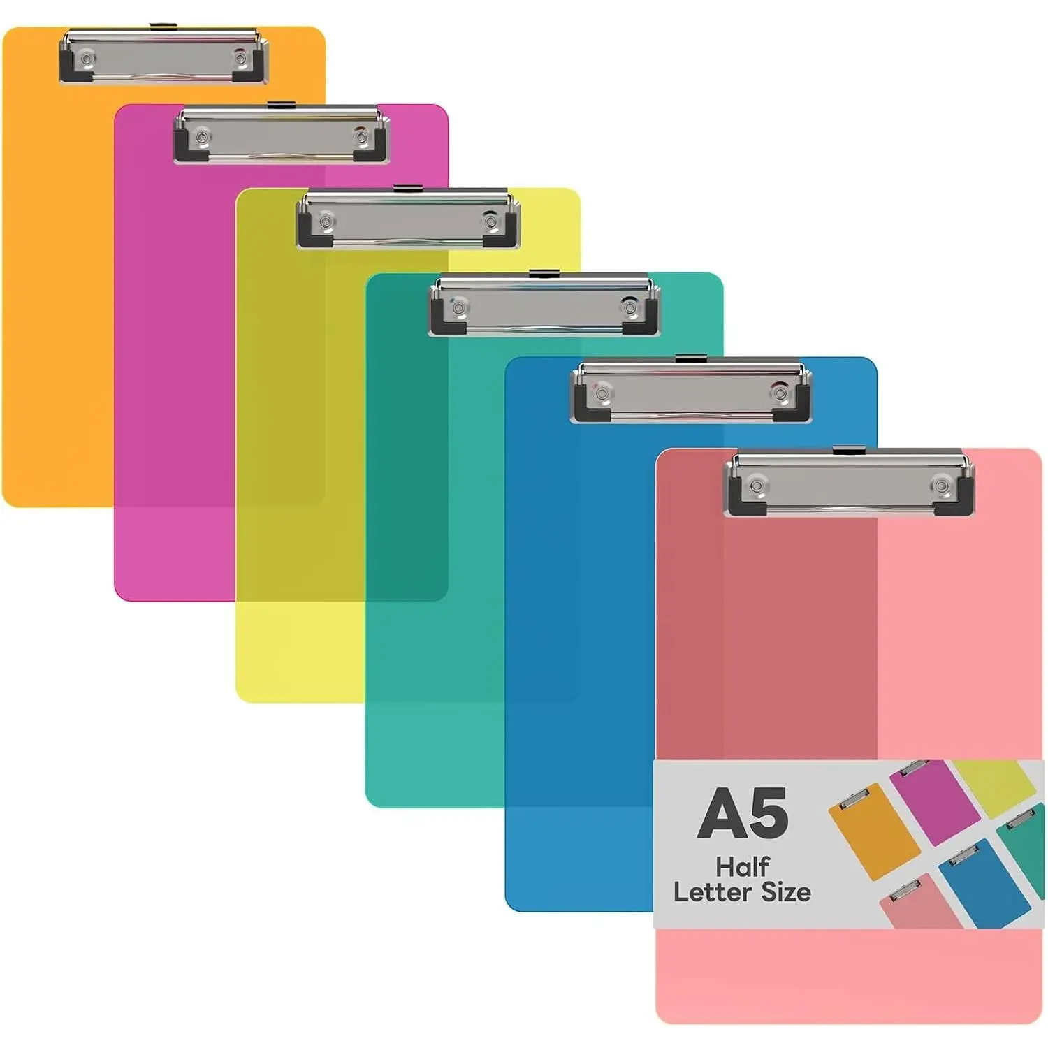 Set of 6 Small A5 Colored Plastic Clipboards, Half-Letter Size 6 x 9 Inches for Classroom, Teacher, Student, School & Office Supplies