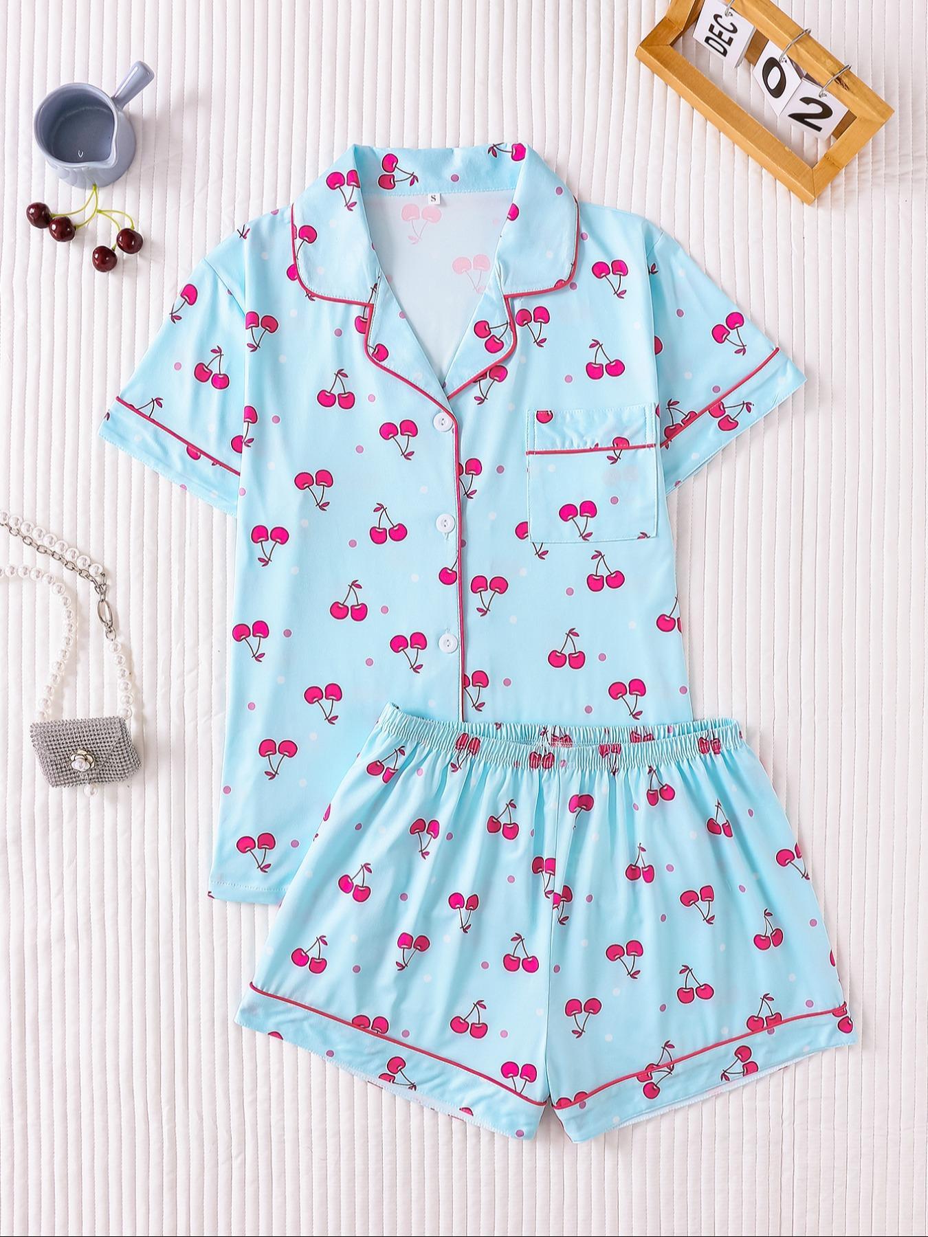 Two-piece Set Women's Cherry Print Top & Shorts Pyjama, Casual Comfy Short Sleeve Collared Top & Shorts Set, Ladies Sleepwear for Summer Pajama Set