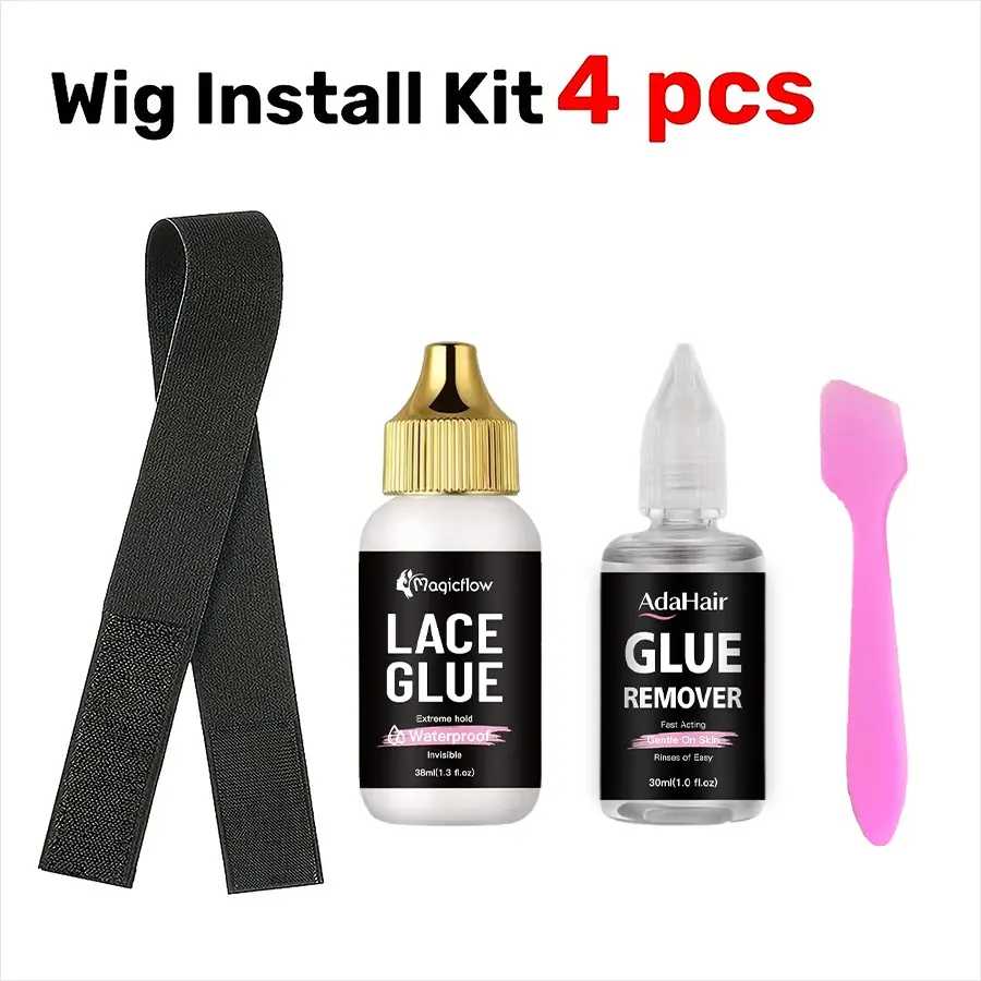 4Pcs Waterproof Lace Wig Install Kit - Strong Hold, Invisible Glue, Remover, Brush & Hair Band, Waterproof for Adhesive